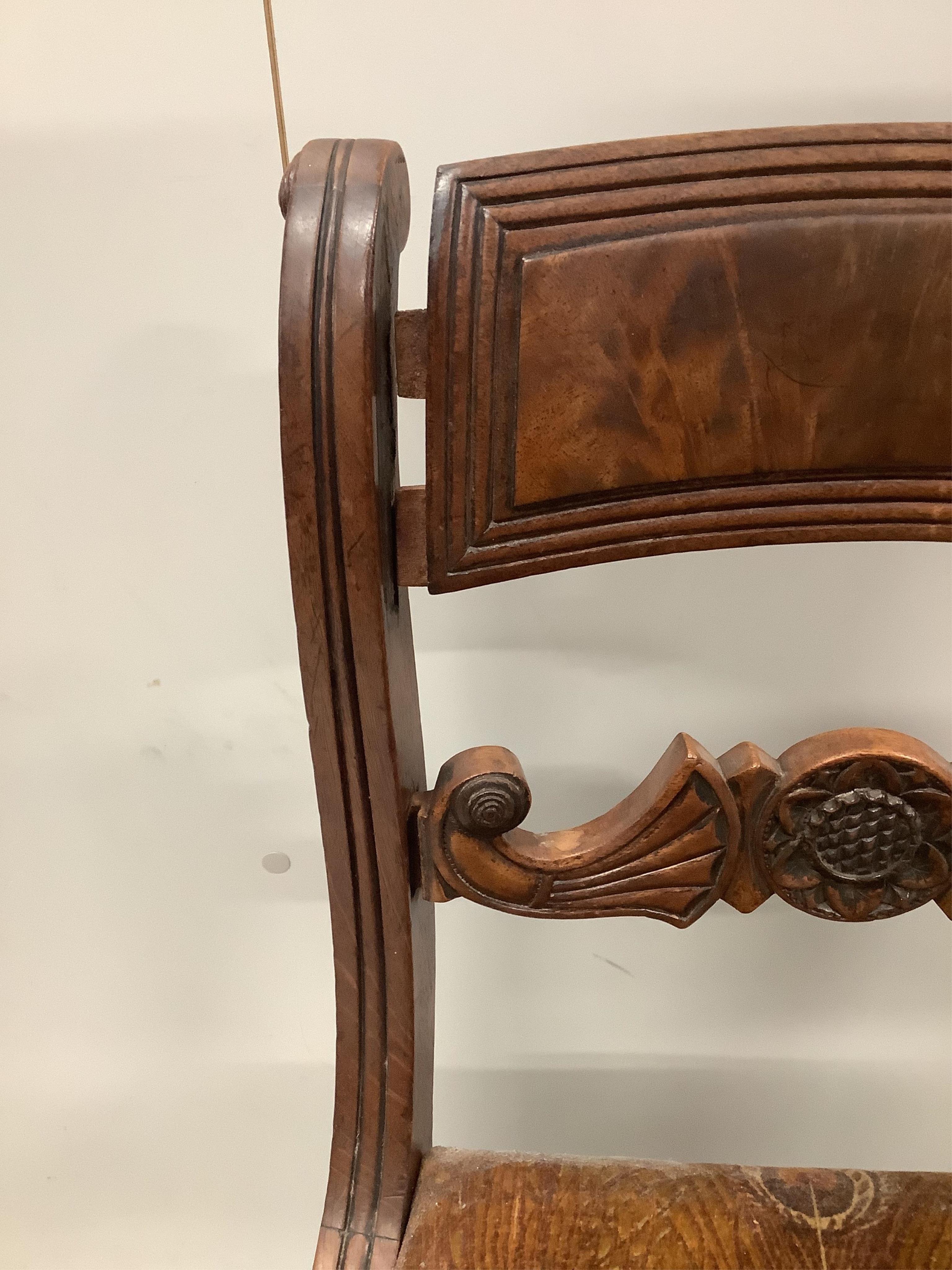 A set of four Regency mahogany dining chairs with sabre legs and roundel spars. Condition - poor to fair